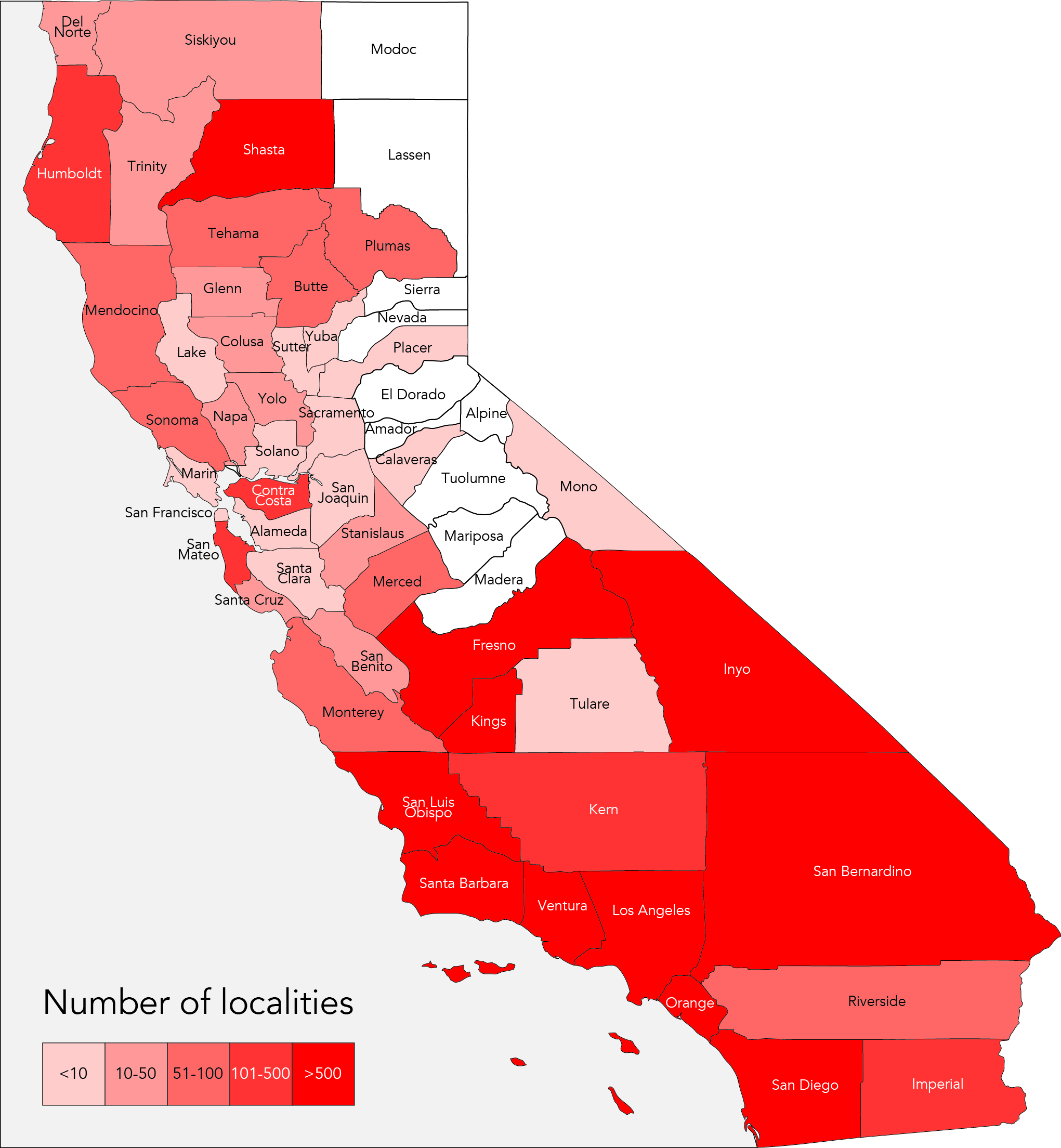 Numbers of localities per county within California