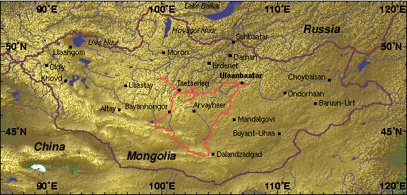 Mongolia map showing expedition track